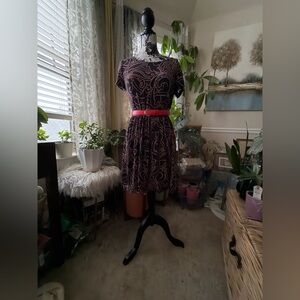 EUC Sam & Lavi Women’s A-Line Midi Black Dress w/Multicolored Pattern